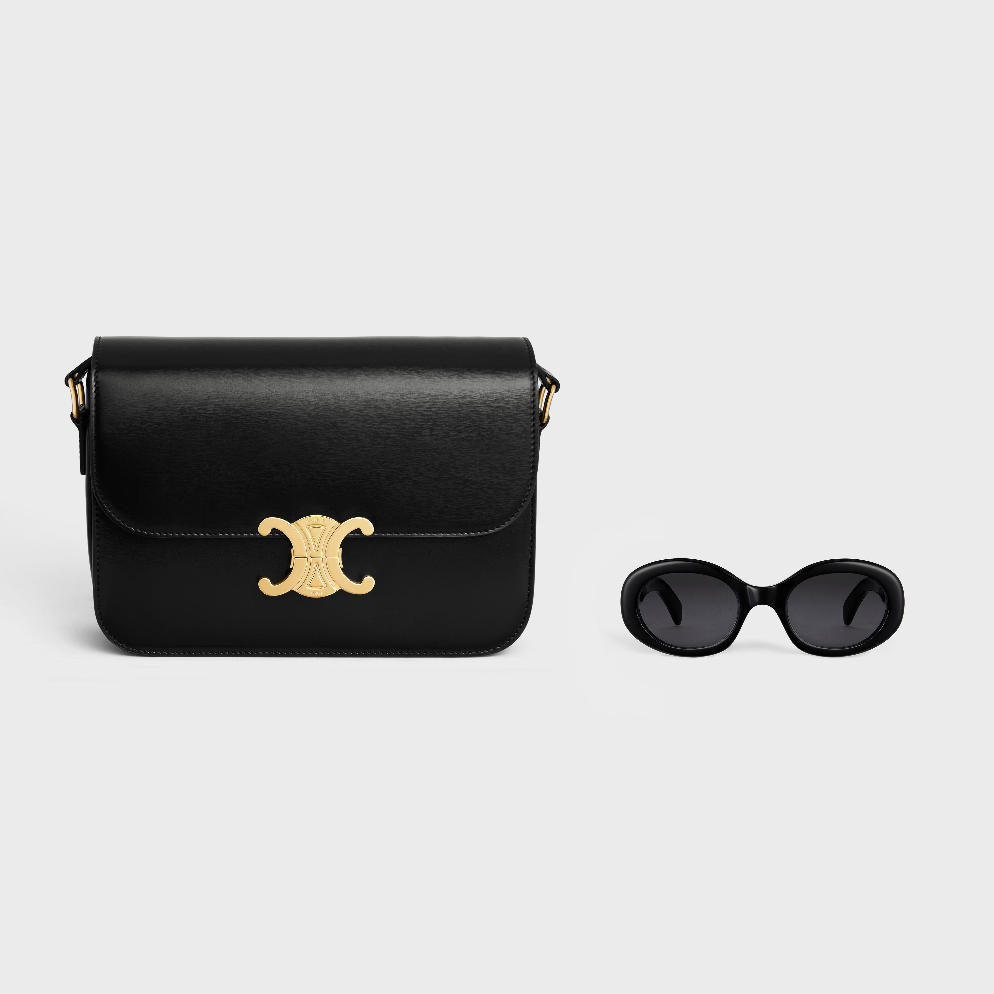 Celine Medium Triomphe Bag in Polished Calfskin Women Black